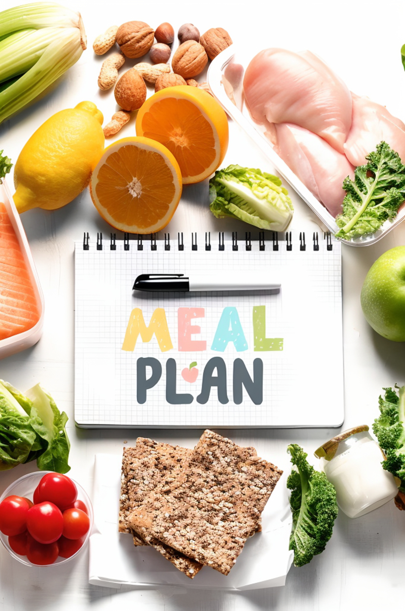 Meal prep notebook and healthy ingredients